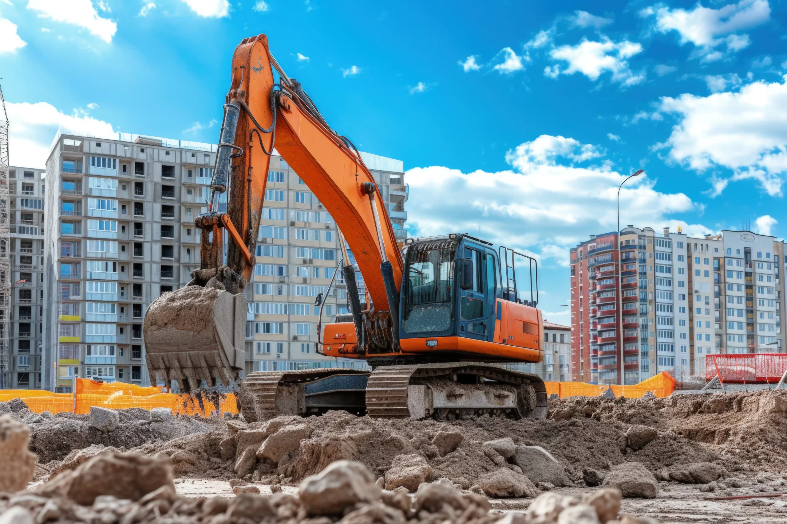 Excavatrice avec rampes et marteau hydraulique