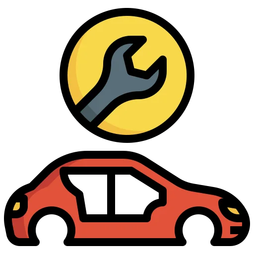 Voiture rouge avec une clé à molette sur un cercle jaune